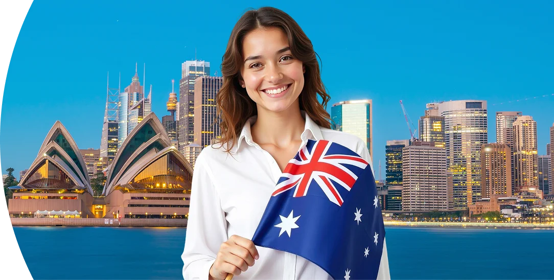 Mulher segurando bandeira australiana com Sydney ao fundo - Consultoria visto australiano MVA